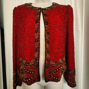 Laurence Kazar Women’s Beaded 100% Silk Jacket Red Multicolor Sequin Sz M